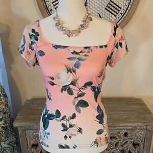 VENUS Pink Floral Short Sleeve Square Neckline Tee